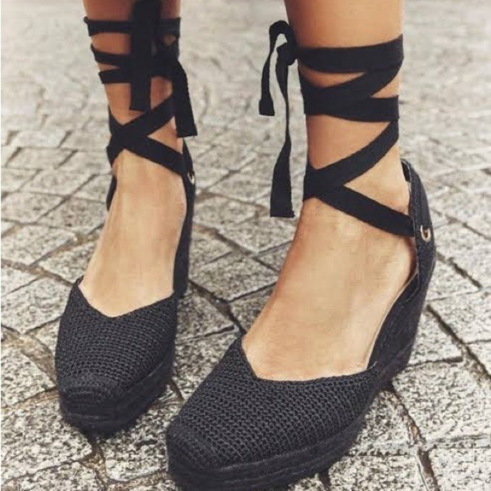 Zara Black Espadrille Wedge Sandals Lace Up Ankle Tie Woven Jute Heels 38